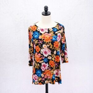 JM Collection Black Orange Pink Blue Floral Embroidered 3/4 Sleeve Top PM Petite